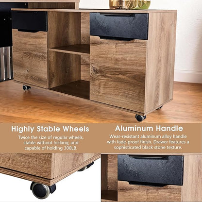 SAINTCY 70.87 L Shaped Executive Desk with Drawers, Modern Computer Writing Desk with File Cabinet, Business Furniture W/Stand Under Storage Organizer with Wheels,1.97IN Thick Desktop