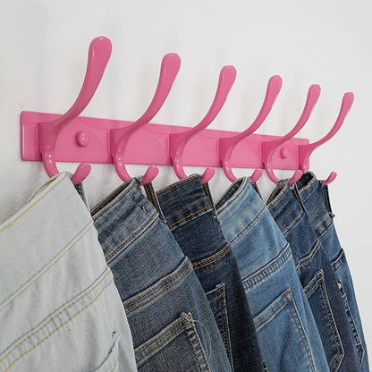 SKOLOO Coat Rack Wall Mounted - 6 Hooks, Heavy Duty, Stainless Steel, Metal Wall Hangers, Sturdy Coat Hooks for Hanging Coats, Jacket, Clothes, Hat, Pink
