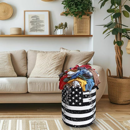 Baseball Textures Laundry Basket Foldable Oxford Cloth American Flag Laundry Hamper With Handle Portable Clothes Storage Organizer Basket 18.9X16.5 Inch Storage Bag For Laundry Room/Bathroom/Bedroom