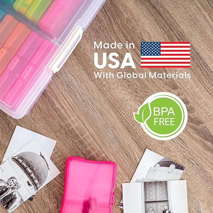 IRIS USA 4" x 6" Photo Storage Box Craft Keeper, Transparent Handle Container with 16 Organization Holder Cases for Pictures, Tasks, Scrapbooking, Ephemera, Stationery Storage, Multi-Color/Clear