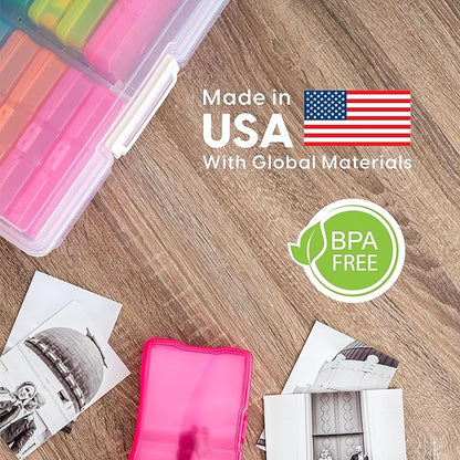 IRIS USA 4" x 6" Photo Storage Box Craft Keeper, Transparent Handle Container with 16 Organization Holder Cases for Pictures, Tasks, Scrapbooking, Ephemera, Stationery Storage, Multi-Color/Clear