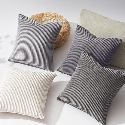 Topfinel Neutral Grey Decorative Throw Pillow Covers 18x18 Inch Set of 4,Modern Farmhouse Striped Corduroy Cushion Cases,Square Euro Shams for Sofa,Bedroom,Floor,Car(45cm Dark Gray)