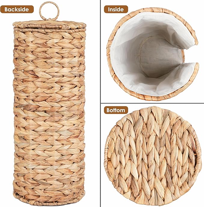 4 Mega Rolls Extra Toilet Paper Storage with Lid and Liner, Water Hyacinth Ratten Toilet Paper Holder Basket Stand, Decorative Boho Covered Enclosed Toilet Tissue Organizer for Bathroom