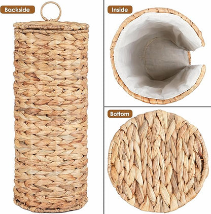 4 Mega Rolls Extra Toilet Paper Storage with Lid and Liner, Water Hyacinth Ratten Toilet Paper Holder Basket Stand, Decorative Boho Covered Enclosed Toilet Tissue Organizer for Bathroom