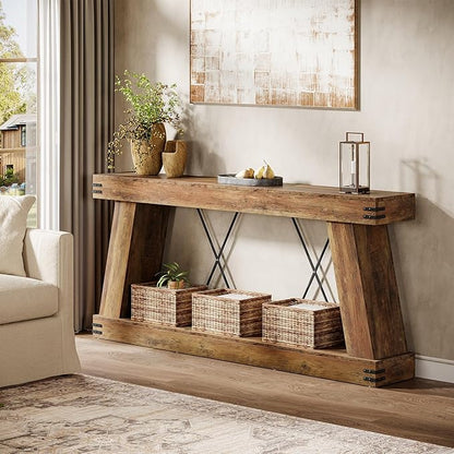 Tribesigns 70.9" Farmhouse Console Table, Long Sofa Table Behind Couch with Storage, Narrow Wooden Console Station, Industrial Rustic Entryway Furniture for Hallway, Entry, Living Room, Brown
