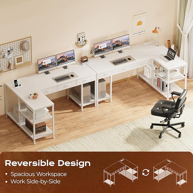 PRAISUN 55 Inch L Shaped Office Desk with Power Outlets and Type-C Port, Large Computer Gaming Desk with 3 Fabric Drawers, Mesh Shelves, Corner Study Work Writing Desk, White