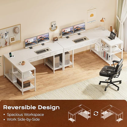 PRAISUN 55 Inch L Shaped Office Desk with Power Outlets and Type-C Port, Large Computer Gaming Desk with 3 Fabric Drawers, Mesh Shelves, Corner Study Work Writing Desk, White
