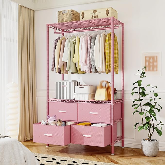 Raybee Clothing Rack with 4 Drawers and Shelves, Heavy Duty Clothes Rack for Hanging Clothes,Portable Closet,Metal, Sturdy,Pink