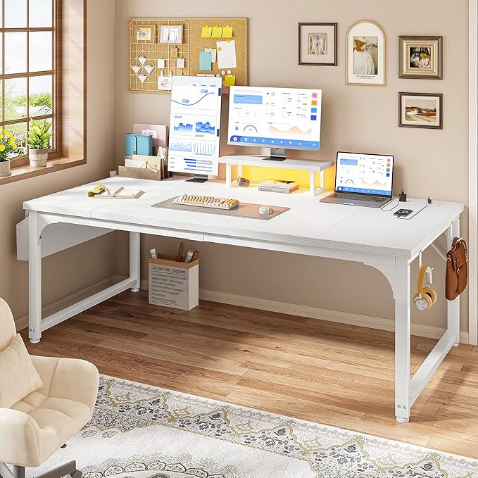 Computer Desk with Power Outlets & 0.95 inch Thicker Desktop, Gaming Desk with Monitor Stand & LED Light & Storage Bag, White Writing Desk for Home Office, Study, Bedroom, White