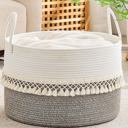 KAKAMAY Cotton Rope Storage Basket (20"x13"),Woven Hamper for Blankets,Toys,Pillows,Clothes,Laundry,Sturdy Handles Decorative Basket for Living Room, Bedroom,Nursery(Beige Fringe)