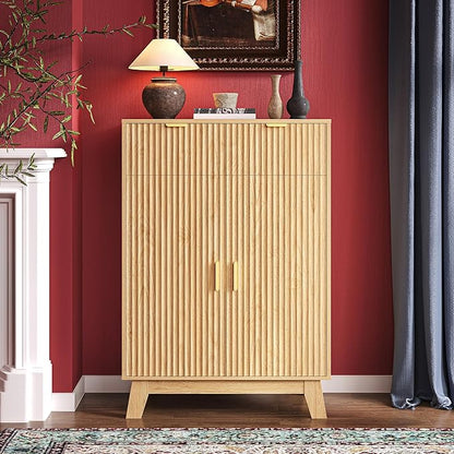 Fluted Shoe Cabinet, 4-Tier Mid Century Modern Narrow Shoe Storage Cabinet with Doors & 2 Drawers, Adjustable Shelves, Freestanding Hidden Shoe Rack Organizer & Wooden Legs for Entryway