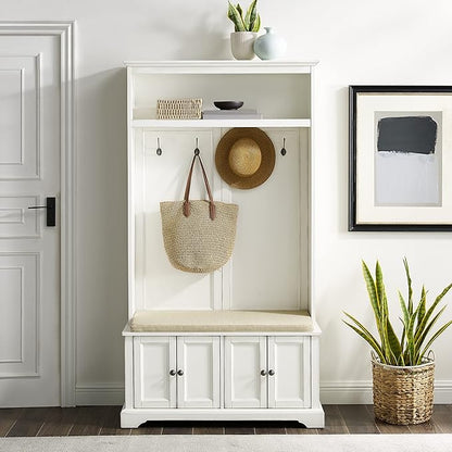 Crosley Furniture Holbrook Hall Tree with Shoe Rack Bench and Coat Hooks for Hanging Storage, Distressed White