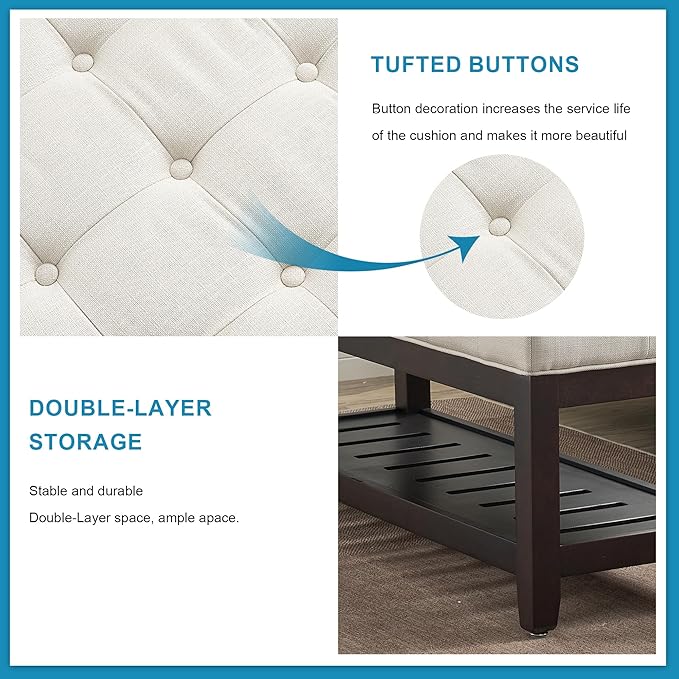 44" Ottoman Bench, Upholstered End of Bed Bench, Oversized Footrest with Wood Shelf torage Storage Bench for Bedroom, Entryway, Living Room, White