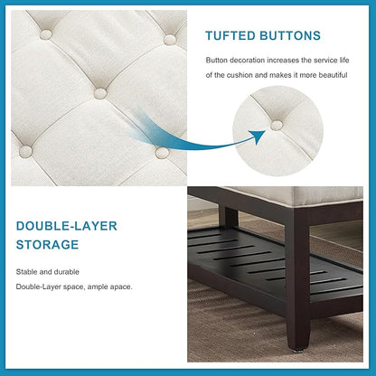 44" Ottoman Bench, Upholstered End of Bed Bench, Oversized Footrest with Wood Shelf torage Storage Bench for Bedroom, Entryway, Living Room, White