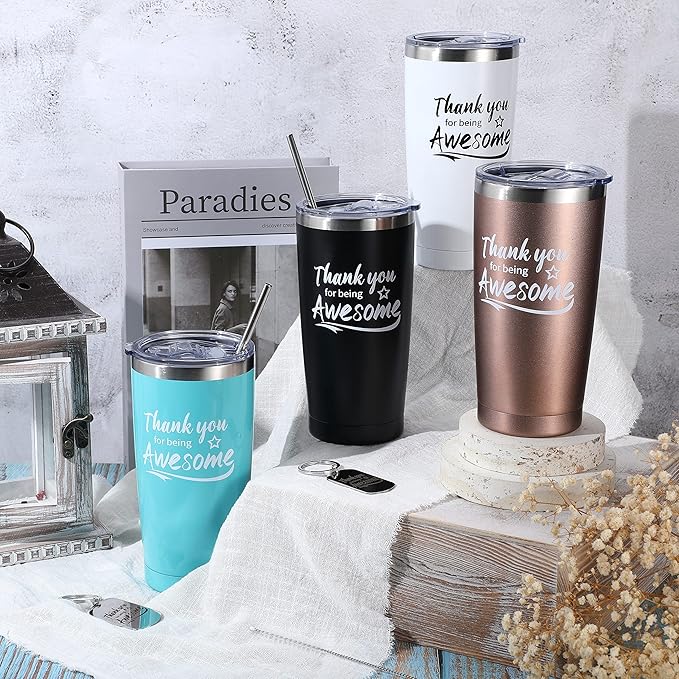 Sieral 16 Pieces Thank You for Being Awesome Tumbler, Thank You Supplies for Women Men 20oz Insulated Stainless Steel Travel Tumbler with Lid and Straw Appreciation Gift with Keychain (Classic Color)