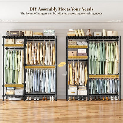Raybee Portable Closet 780LBS, Heavy Duty Clothes Rack, Freestanding Clothing Rack with 3 Hanging Rods & 6 Shelves, Adjustable Wardrobe Closet Organizer System, Black