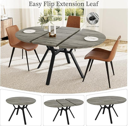 Extendable Round Dining Table Set for 6 People, 43.3"-59.1" Extendable Kitchen Table with 6 Upholstered Chairs, Space Saving for Kitchen Dining Room (Grey Table+6 Brown Chairs)