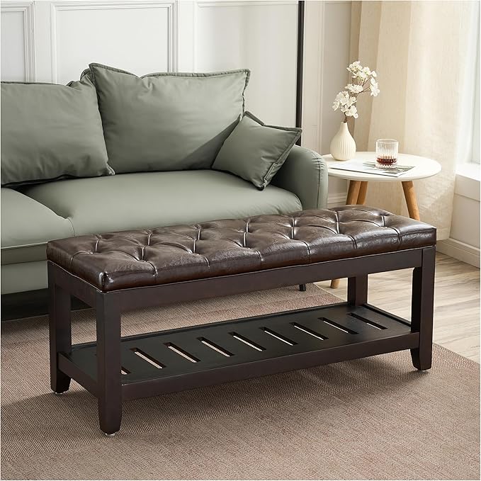 44" Ottoman Bench, Upholstered End of Bed Bench, Oversized Footrest with Wood Shelf torage Storage Bench for Bedroom, Entryway, Living Room, Dark Brown(PU)