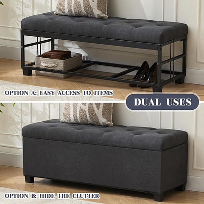 Mangodan 43 Inch Linen Storage Ottoman Bench, Foot Rest with Legs, End of Bed Bench, Storage Chest, Load up to 660 Lb, Ottoman with Storage Bench for Living Room, Bedroom, Entryway (Charcoal)