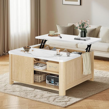Lift Top Coffee Table with Storage, 31.5" Mid Century Modern Square Coffee Tables for Living Room, Large Hidden Storage Compartment, Adjustable Shelves & Sliding Door, Oak