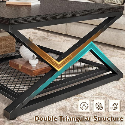 EnHomee Black Coffee Table with Storage, Modern Coffee Tables with Mesh Shelf, 2 Tier Minimalist Industrial Center Table for Living Room, Office, 47.2 Inch, Black Oak