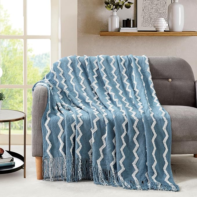 BOURINA Fluffy Chenille Knitted Fringe Throw Blanket Lightweight Soft Cozy for Bed Sofa Chair Throw Blankets, Blue 50" x 60"