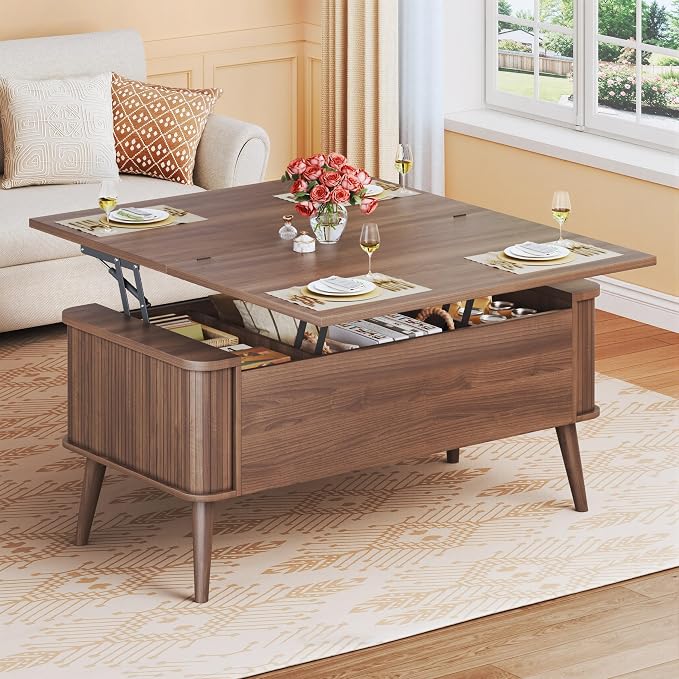 HUAHUU Lift Top Coffee Table with Storage, 40" Square Coffee Table with 3 Hidden Compartments, Modern Center Table with Lifting top, Converts to Dining Table for Living Room, Home Office, Walnut