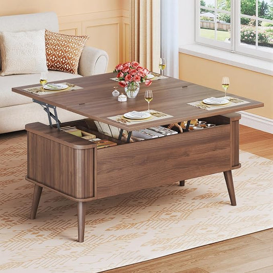 HUAHUU Lift Top Coffee Table with Storage, 40" Square Coffee Table with 3 Hidden Compartments, Modern Center Table with Lifting top, Converts to Dining Table for Living Room, Home Office, Walnut