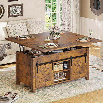 SEDETA Lift Top Coffee Table, 4 in 1 Convertible Coffee Tables with Storage and Hidden Compartment for Living Room, Farmhouse Coffee Table Converts to Dining Table, Dining Reception Room, Rustic Brown