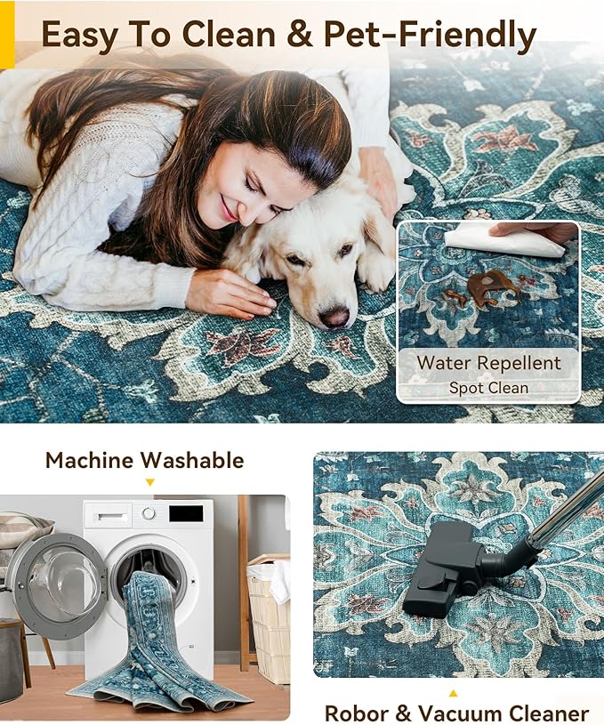 RELEANY Area Rugs Runner 2'6"x12' Washable Non-Slip, Floral Vintage Distress Medallion Carpet for Kitchen Hallway Bedroom Beside Laundry Room Bathroom, Teal Green Lake Blue Turquoise