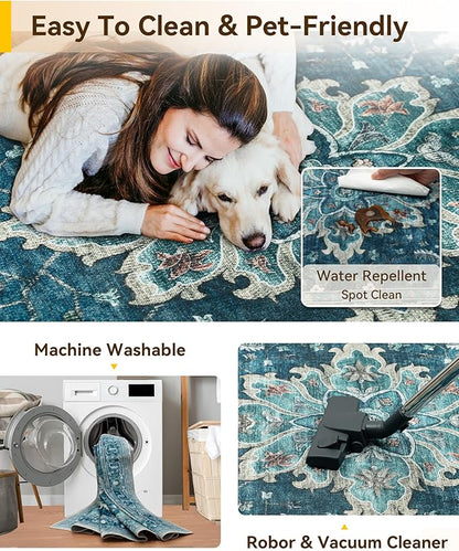 RELEANY Area Rugs Runner 2'6"x12' Washable Non-Slip, Floral Vintage Distress Medallion Carpet for Kitchen Hallway Bedroom Beside Laundry Room Bathroom, Teal Green Lake Blue Turquoise