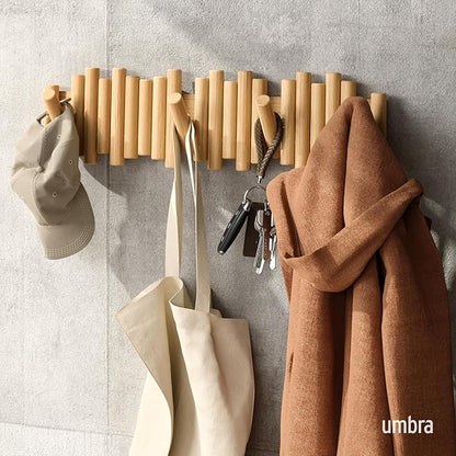Umbra Picket Coat Rack with 8 Hooks – Natural Wall-Mounted Coat Rack with Flip-Down Wooden Hooks, Real Pine Wood Decorative Wall Storage for Jackets, Hats, Scarves, Bags, Entryway, Bedroom Living Room