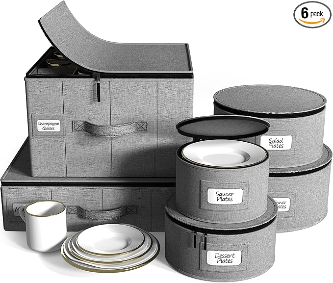Sorbus China Storage Containers 6-Piece Set - Hard Shell Dinnerware Organizer for Plates, Glasses, Mugs & Saucers (Holds Service for 12) with Felt Protectors for Moving & Storage
