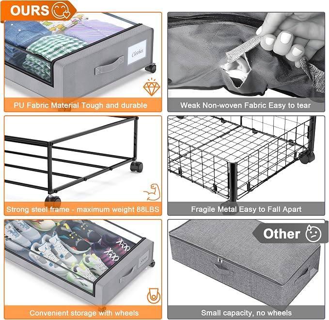 Under Bed Storage with Wheels, 2 Pack Under Bed Storage Containers with Clear Lids, XXL 65L Under Bed Storage Organizer, Rolling Under Bed Metal Drawer for Blanket, Clothes, Shoes (31 x 17 x 6.69 in)