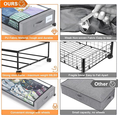 Under Bed Storage with Wheels, 2 Pack Under Bed Storage Containers with Clear Lids, XXL 65L Under Bed Storage Organizer, Rolling Under Bed Metal Drawer for Blanket, Clothes, Shoes (31 x 17 x 6.69 in)
