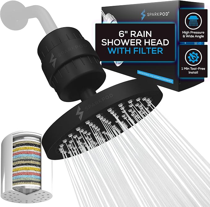 SparkPod 23-Stage Filtered Shower Head, 6" Round, Black Matte | Filtered Shower Head for Hard Water Filter, High Pressure, Reduces Chlorine, Heavy Metals, For Dry Skin & Hair