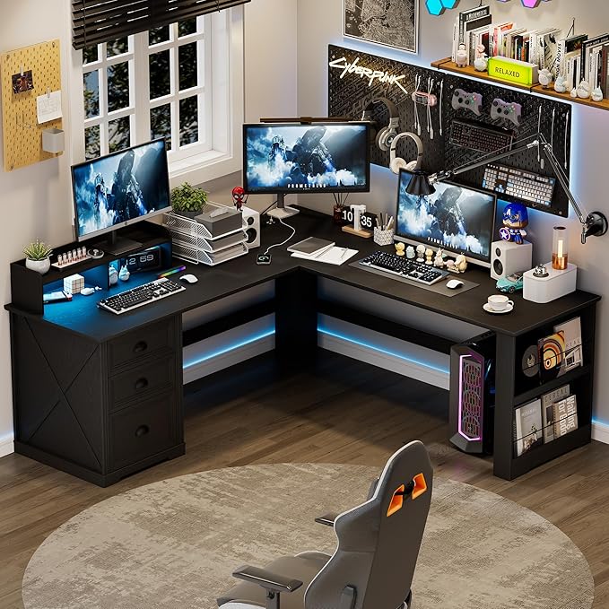 FREDEES L Shaped Desk with Movable Stand and Led Lights, 59 inch Farmhouse Home Office Desk with File Drawer, Corner Computer Desk with Power Outlets, Executive Desk for Working,Gaming, Black