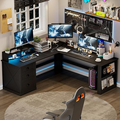 FREDEES L Shaped Desk with Movable Stand and Led Lights, 59 inch Farmhouse Home Office Desk with File Drawer, Corner Computer Desk with Power Outlets, Executive Desk for Working,Gaming, Black