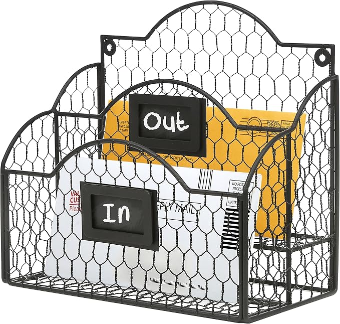 MyGift Metal Wire Basket Desk Organizer, 2 Compartment Inbox/Outbox Black Entryway Wall Mail Sorter, Office Desktop Stationery File Organizer Holder with Chalkboard Labels