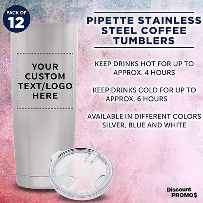 Custom Pipette Stainless Steel Coffee Tumblers 20 oz. Set of 12, Personalized Bulk Pack - Double Wall, Perfect for Coffee, Hot Cocoa, Other Hot & Cold Beverages - Silver