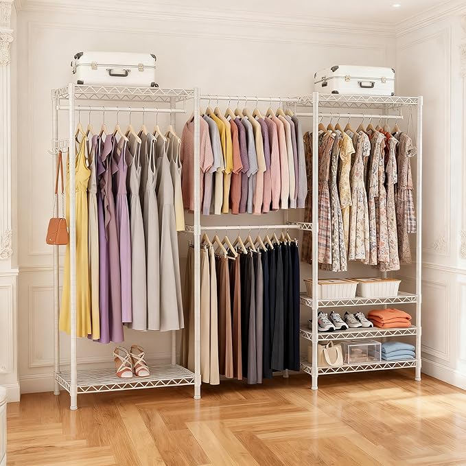 Heavy-Duty Clothes Rack, Expandable Closet Storage Unit with 6 Shelves and 4 Hanger Rods, Freestanding Bedroom Wardrobe Closet, White