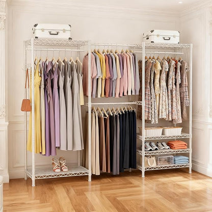 Heavy-Duty Clothes Rack, Expandable Closet Storage Unit with 6 Shelves and 4 Hanger Rods, Freestanding Bedroom Wardrobe Closet, White