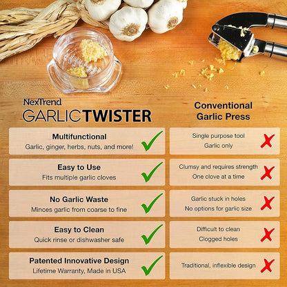 Nextrend Garlic Twister 4th Gen – Garlic Mincer & Garlic Press in One, for Ginger, Herbs, Nuts & more, BPA-Free, Dishwasher Safe, 3–5 Clove Capacity - Green
