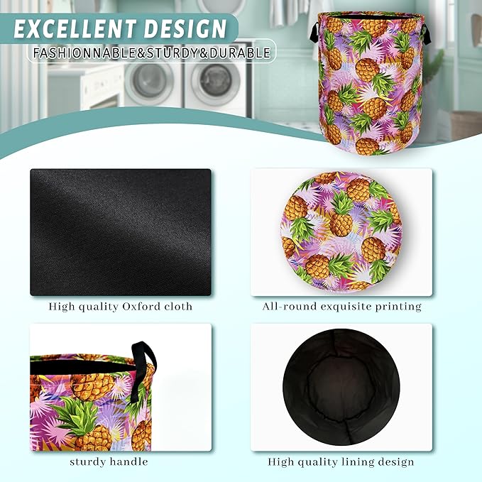 Tropical Pineapples Laundry Basket Foldable With Handles Palm Leaves Tote Bag Oxford Cloth Colorful Laundry Hamper Clothes Toy Storage Bucket For Bathroom/Laundry/Bedroom 18.9" x 16.5 "