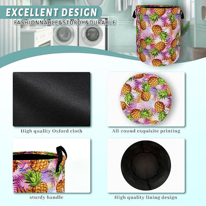 Tropical Pineapples Laundry Basket Foldable With Handles Palm Leaves Tote Bag Oxford Cloth Colorful Laundry Hamper Clothes Toy Storage Bucket For Bathroom/Laundry/Bedroom 18.9" x 16.5 "