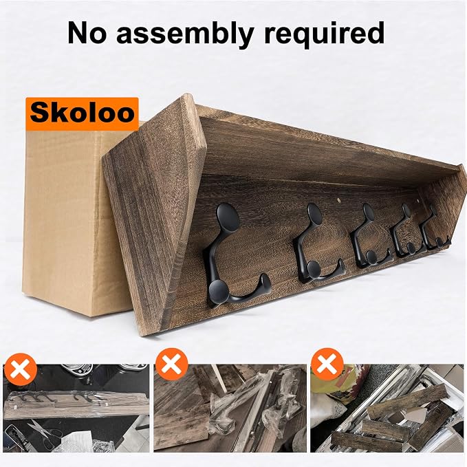 SKOLOO Wall Shelf with Hooks, 35-Inch Weathered Brown Wall Mounted Coat Rack with Shelf Organizer - Lightweight & Sturdy, 5 Tri Hooks - Perfect for Entryway, Hallway, Living Room, Bedroom, Mudroom