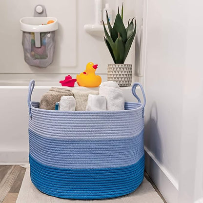 OrganiHaus Large Woven Storage Basket for Blankets and Toys 20" x 13" Inch, Rope Laundry Basket with Handles, Cushions & Pillows Storage Bin, Nursery Hamper, Soft Round Dog Toy Bin - Blue