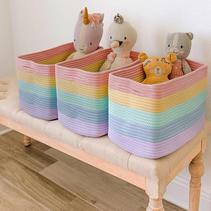 OrganiHaus Set of 3 Pastel Rainbow Woven Storage Baskets for Shelves, Decorative Organizer Bins for Kids Room, Nursery & Classroom, Colorful Toy Storage Basket for Playroom Decor – 15x9x10 inches