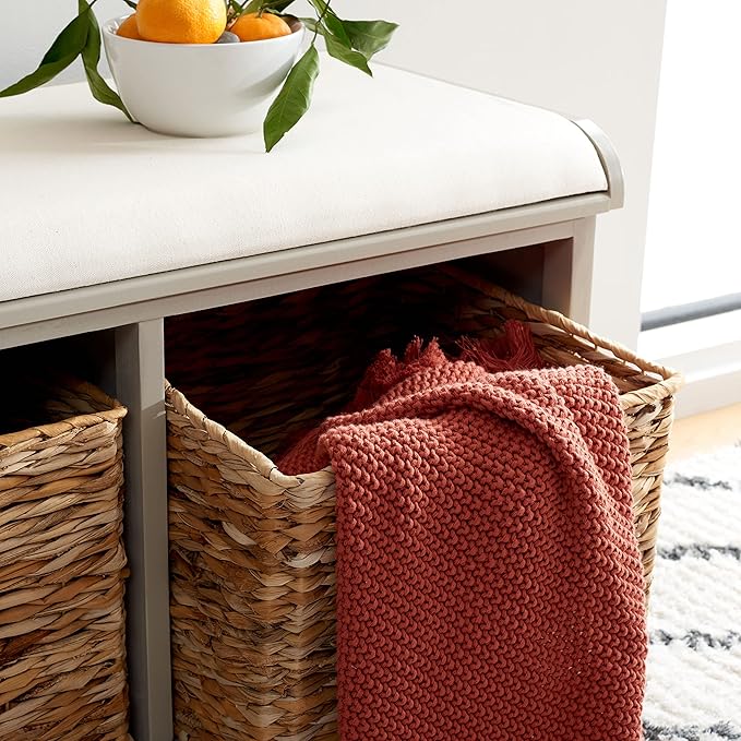 SAFAVIEH Home Collection – Freddy Vintage Grey Storage Bench with Wicker Baskets & Cushion, Entryway Seating Bench, Fully Assembled (AMH5736F)