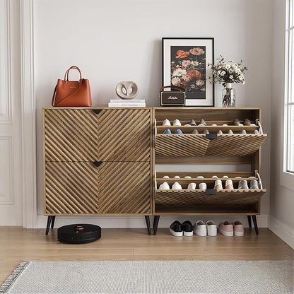Smuxee Walnut Shoe Cabinet with 2 Flip Drawers, 31.5" Hidden Shoe Storage Cabinet with Fluted Diamond Doors, Freestanding Shoe Organizer Cabinet for Entryway, Hallway, Living Room